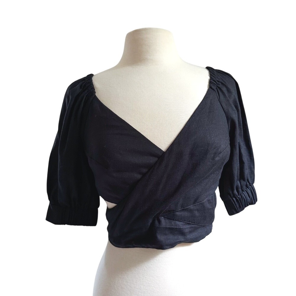 NWT Anthropologie‎ Black Crop Top Puff Sleeve Blouse Criss Cross Open Back Party - Picture 3 of 14